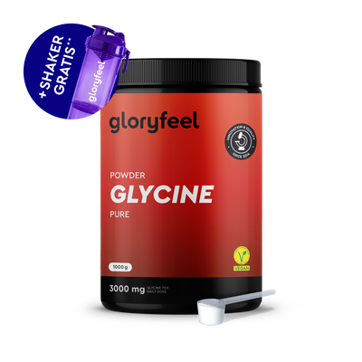 Un contenitore da 1000 g di L-Glicina in Polvere di gloryfeel Italia (vegan) viene fornito con un misurino e uno shaker viola in omaggio mostrato nell'angolo.