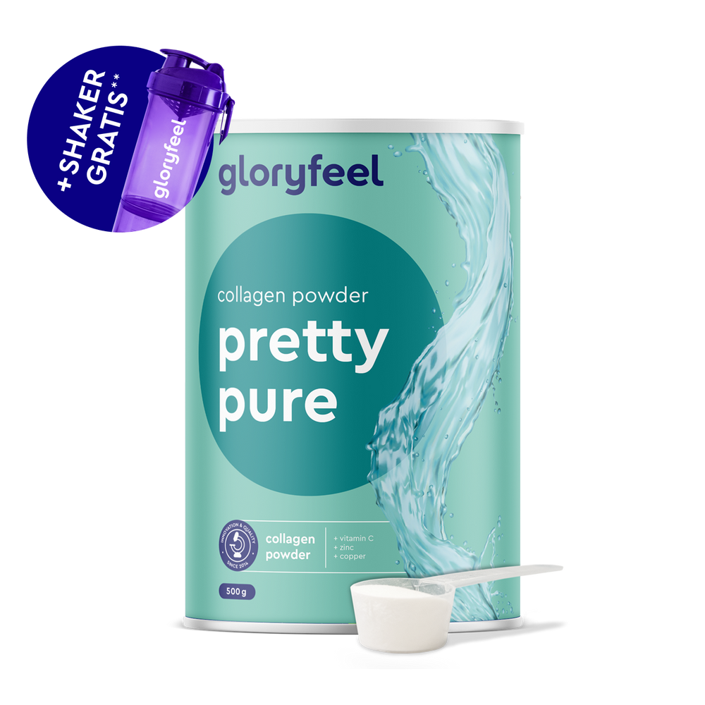 Un contenitore di Collagene in polvere di GloryFeel GmbH Italia - Pretty Pure con un misurino davanti e uno shaker GloryFeel viola in omaggio visibile in un angolo.