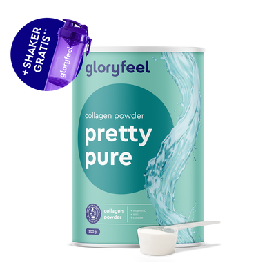 Un contenitore di Collagene in polvere di GloryFeel GmbH Italia - Pretty Pure con un misurino davanti e uno shaker GloryFeel viola in omaggio visibile in un angolo.