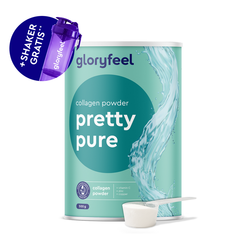 Un contenitore di Collagene in polvere di GloryFeel GmbH Italia - Pretty Pure con un misurino davanti e uno shaker GloryFeel viola in omaggio visibile in un angolo.