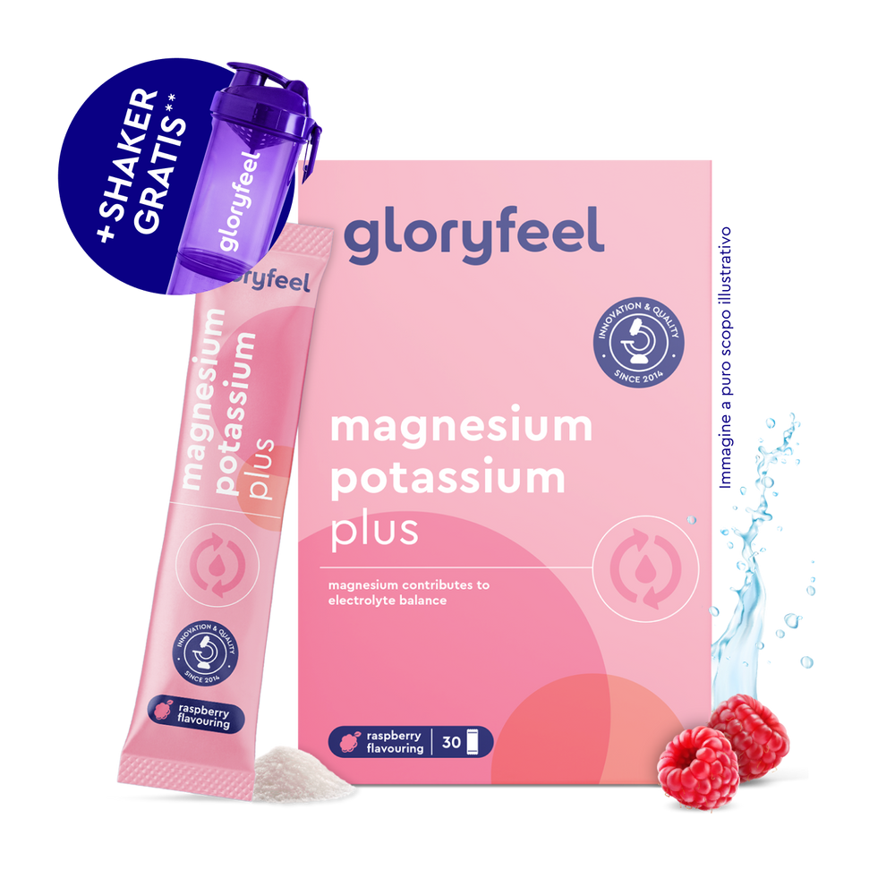 Gloryfeel Italia Magnesio e potassio in bustine al gusto lampone con stick singolo, misurino di polvere, lamponi freschi, spruzzi d&