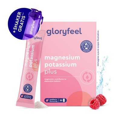 Gloryfeel Italia Magnesio e potassio in bustine al gusto lampone con stick singolo, misurino di polvere, lamponi freschi, spruzzi d'acqua e shaker viola gratuito.