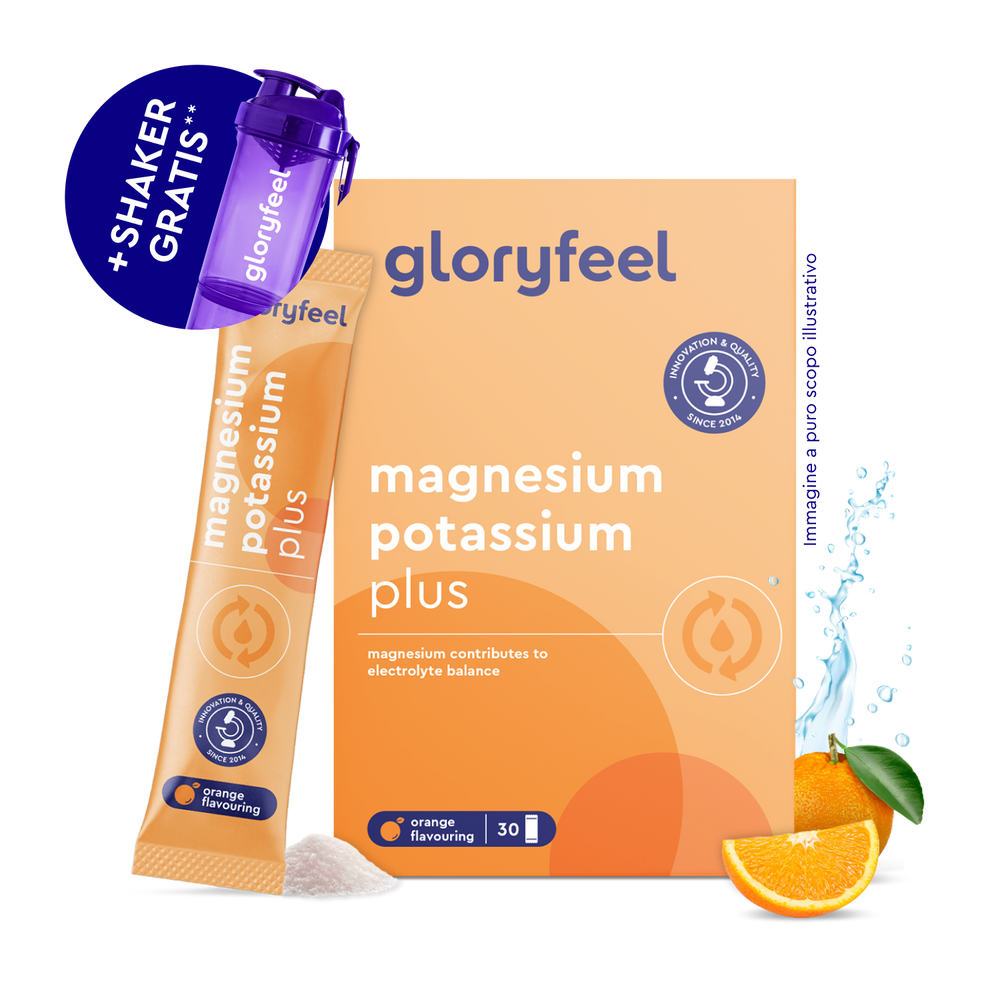Gloryfeel Italia Magnesio e potassio in bustine al gusto arancia: confezione da 30 bustine, shaker viola, fettine d&