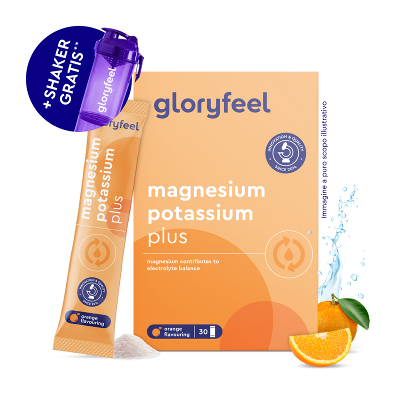 Gloryfeel Italia Magnesio e potassio in bustine al gusto arancia: confezione da 30 bustine, shaker viola, fettine d&