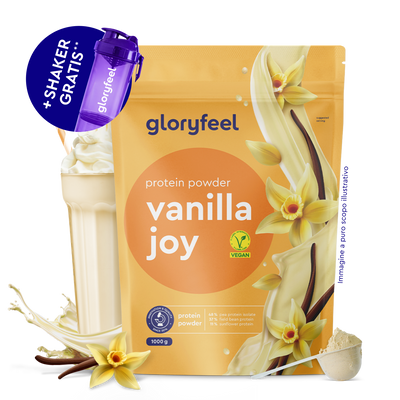Una confezione di GloryFeel GmbH Italy Proteine in polvere Vanilla Joy con fiori di vaniglia, un bicchiere di frullato alla vaniglia, un misurino di polvere proteica e una tazza shaker viola con l'etichetta "+Shaker Gratis".
