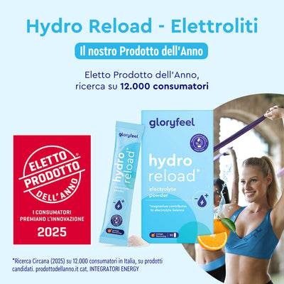 Confezione di Gloryfeel Italia Elettroliti al gusto arancia con il distintivo "Prodotto dell'anno 2025" e una donna in abbigliamento sportivo che prepara un drink. Il testo presenta i punti chiave dei risultati di una ricerca sui consumatori.