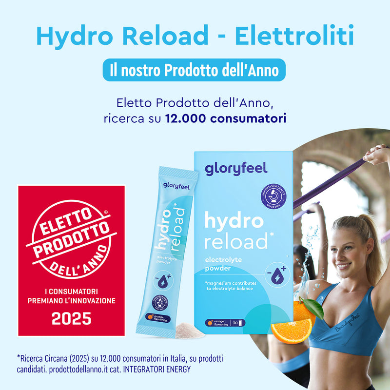 Confezione di Gloryfeel Italia Elettroliti al gusto arancia con il distintivo "Prodotto dell&