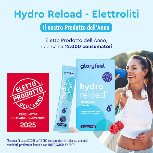 La confezione del lampone Gloryfeel Italia Elettroliti al gusto è raffigurata da una donna che beve acqua durante l&