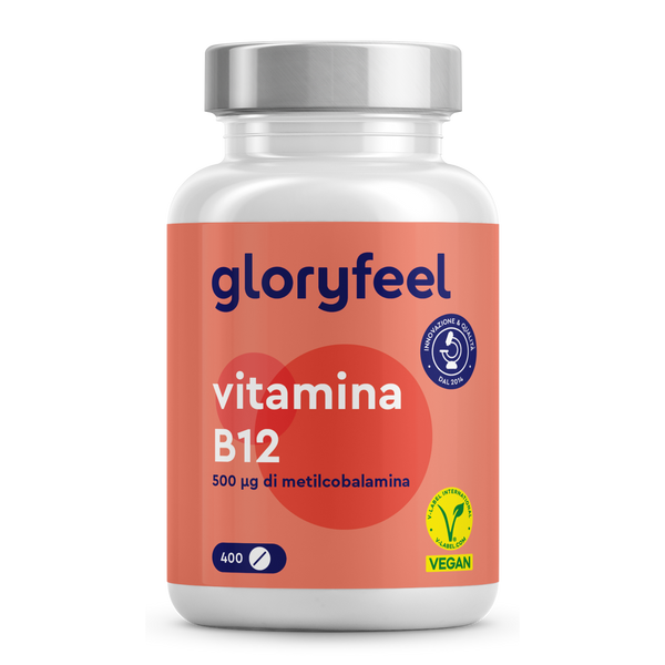 Flacone di &quot;Vitamina B12 Metilcobalamina&quot; di GloryFeel GmbH Italia, 500 µg di metilcobalamina, 400 compresse vegane, etichetta rossa e bianca.