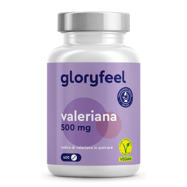 Una confezione di GloryFeel GmbH Italia Valeriana, 500 mg, vegana, con 400 capsule.
