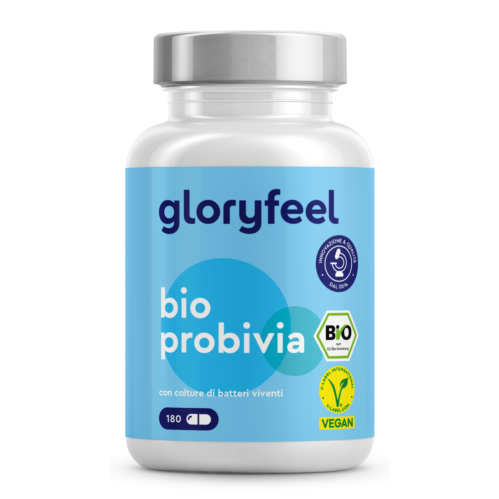 Un flacone da 180 capsule di Bio Probiotici di GloryFeel GmbH Italia vanta certificazioni vegane e biologiche, che mettono in risalto le sue colture di batteri vivi e l&
