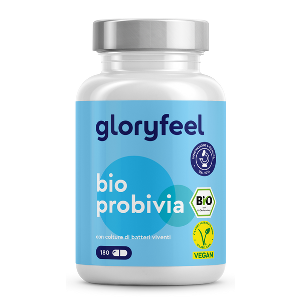 Un flacone da 180 capsule di Bio Probiotici di GloryFeel GmbH Italia vanta certificazioni vegane e biologiche, che mettono in risalto le sue colture di batteri vivi e l&