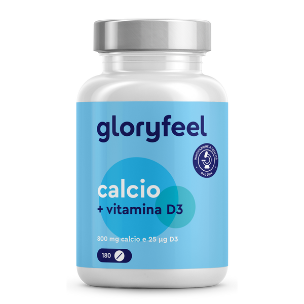 Una confezione di &quot;Calcio + D3&quot; di gloryfeel Italia contiene 180 compresse ed è etichettata in spagnolo.