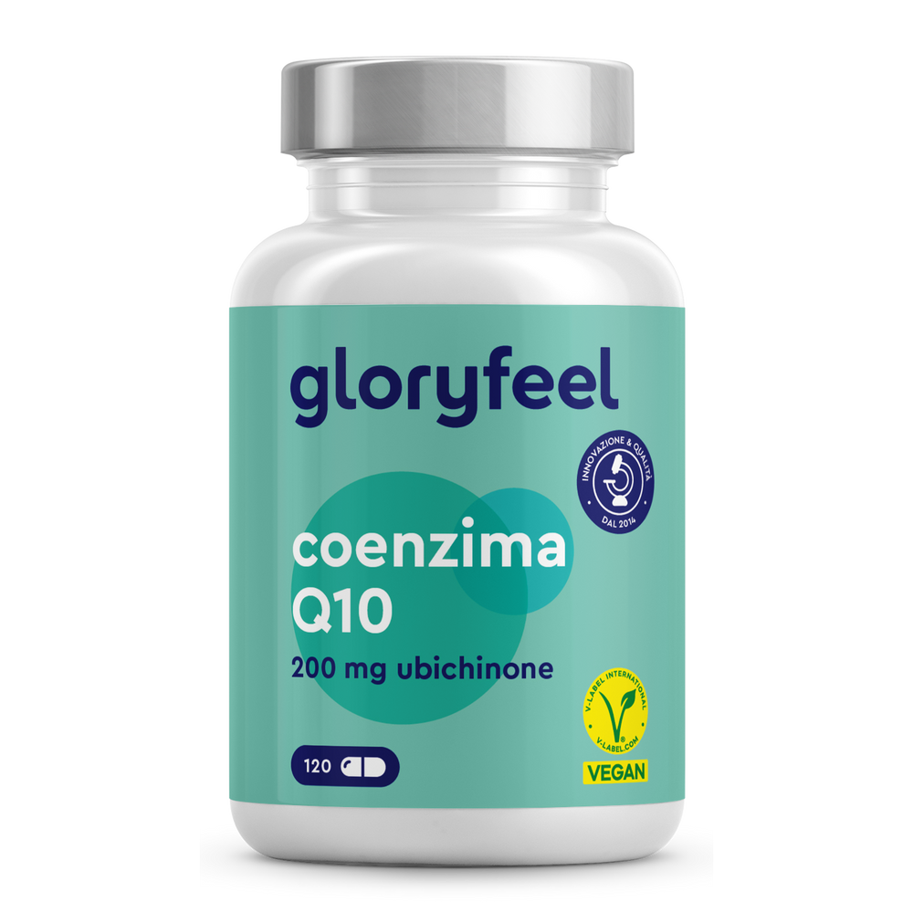 Un &quot;Coenzima Q10&quot; da 200 mg di GloryFeel GmbH Italia, questo integratore di ubiquinone certificato vegano offre benefici antiossidanti in una forma ad alto dosaggio. Include 120 capsule, elegantemente marchiate con sigilli di qualità su un&