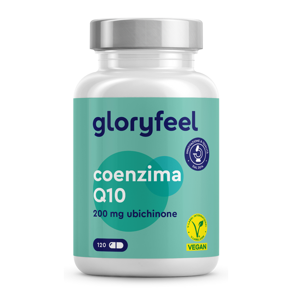 Un &quot;Coenzima Q10&quot; da 200 mg di GloryFeel GmbH Italia, questo integratore di ubiquinone certificato vegano offre benefici antiossidanti in una forma ad alto dosaggio. Include 120 capsule, elegantemente marchiate con sigilli di qualità su un&