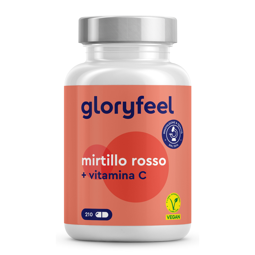 Una bottiglia certificata vegana di GloryFeel GmbH Italia etichettata &quot;Cranberry + Vitamina C&quot; supporta le vie urinarie con 210 capsule per migliorare naturalmente il tuo regime di benessere.