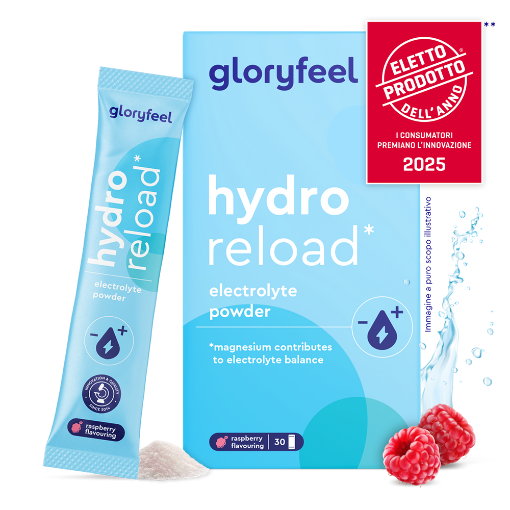 Scatola e bustina di gloryfeel Italia Elettroliti al gusto lampone, con lamponi, polvere e distintivo del premio prodotto italiano 2025.