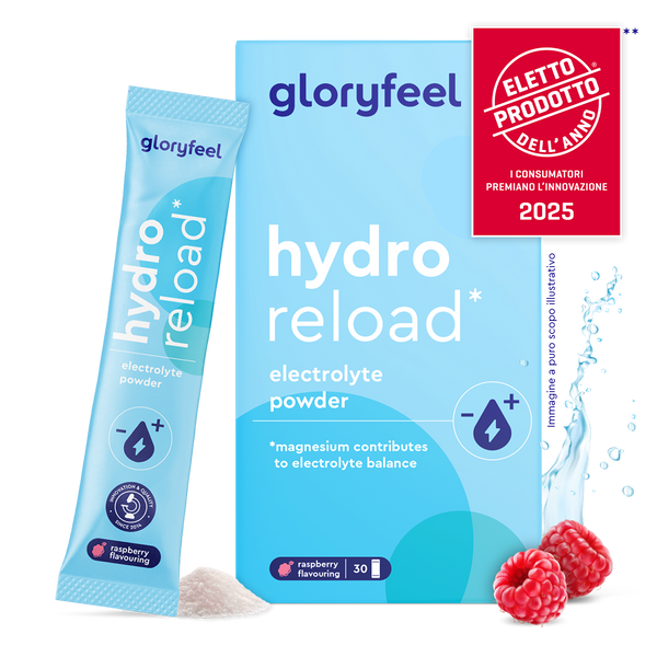 Scatola e bustina di gloryfeel Italia Elettroliti al gusto lampone, con lamponi, polvere e distintivo del premio prodotto italiano 2025.