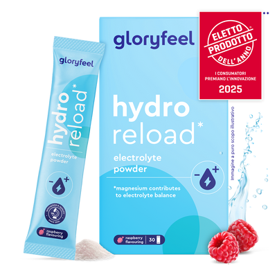 Scatola e bustina di gloryfeel Italia Elettroliti al gusto lampone, con lamponi, polvere e distintivo del premio prodotto italiano 2025.
