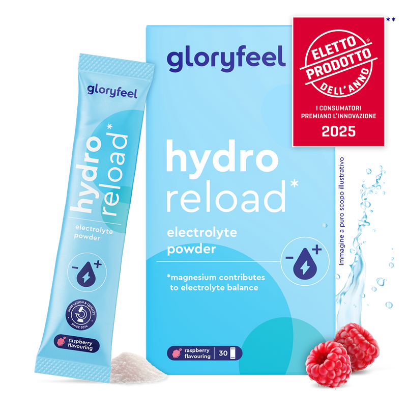 Scatola e bustina di gloryfeel Italia Elettroliti al gusto lampone, con lamponi, polvere e distintivo del premio prodotto italiano 2025.