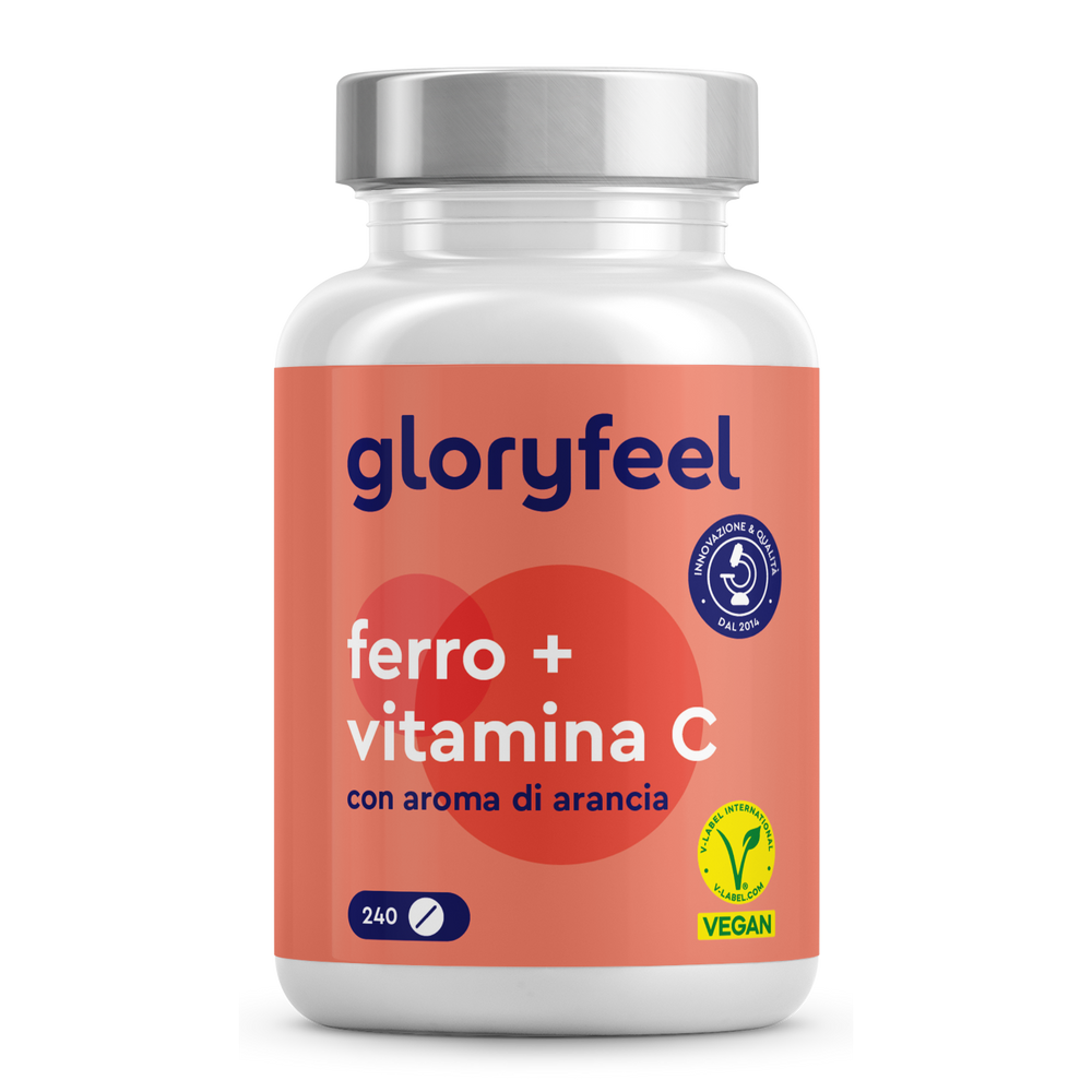 Gli integratori &quot;Ferro con Vitamina C&quot; di GloryFeel GmbH Italy, al gusto arancia, potenziano i globuli rossi. Sono vegani, senza glutine e sono disponibili in una confezione da 240 compresse.