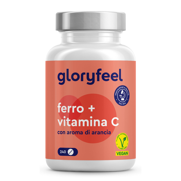 Gli integratori &quot;Ferro con Vitamina C&quot; di GloryFeel GmbH Italy, al gusto arancia, potenziano i globuli rossi. Sono vegani, senza glutine e sono disponibili in una confezione da 240 compresse.