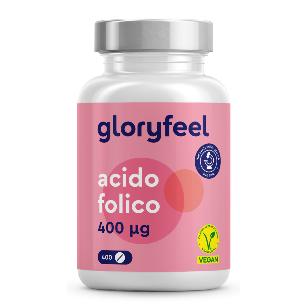 Flacone rosa con etichetta &quot;Acido Folico&quot; di GloryFeel GmbH Italia, certificato vegano, supporto per la salute prenatale e affidabile come integratore per la gravidanza.