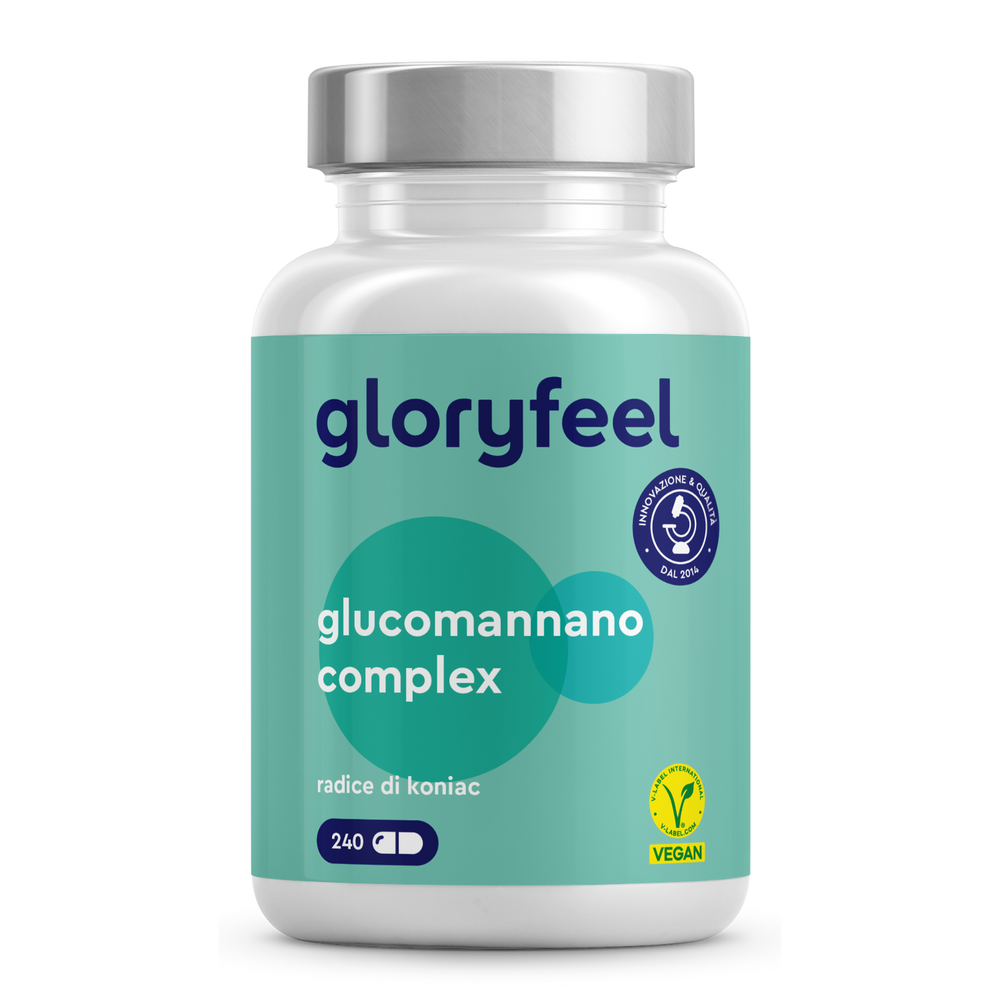 Una bottiglia con etichetta verde intitolata &quot;Glucomannano in capsule&quot; di GloryFeel GmbH Italy contiene 240 capsule vegane. Questo integratore include radice di konjac ed è arricchito con cromo e vitamina B3.