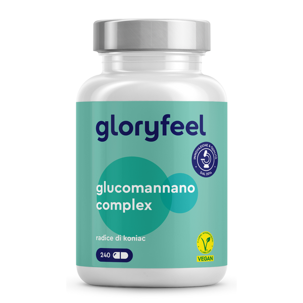 Una bottiglia con etichetta verde intitolata &quot;Glucomannano in capsule&quot; di GloryFeel GmbH Italy contiene 240 capsule vegane. Questo integratore include radice di konjac ed è arricchito con cromo e vitamina B3.
