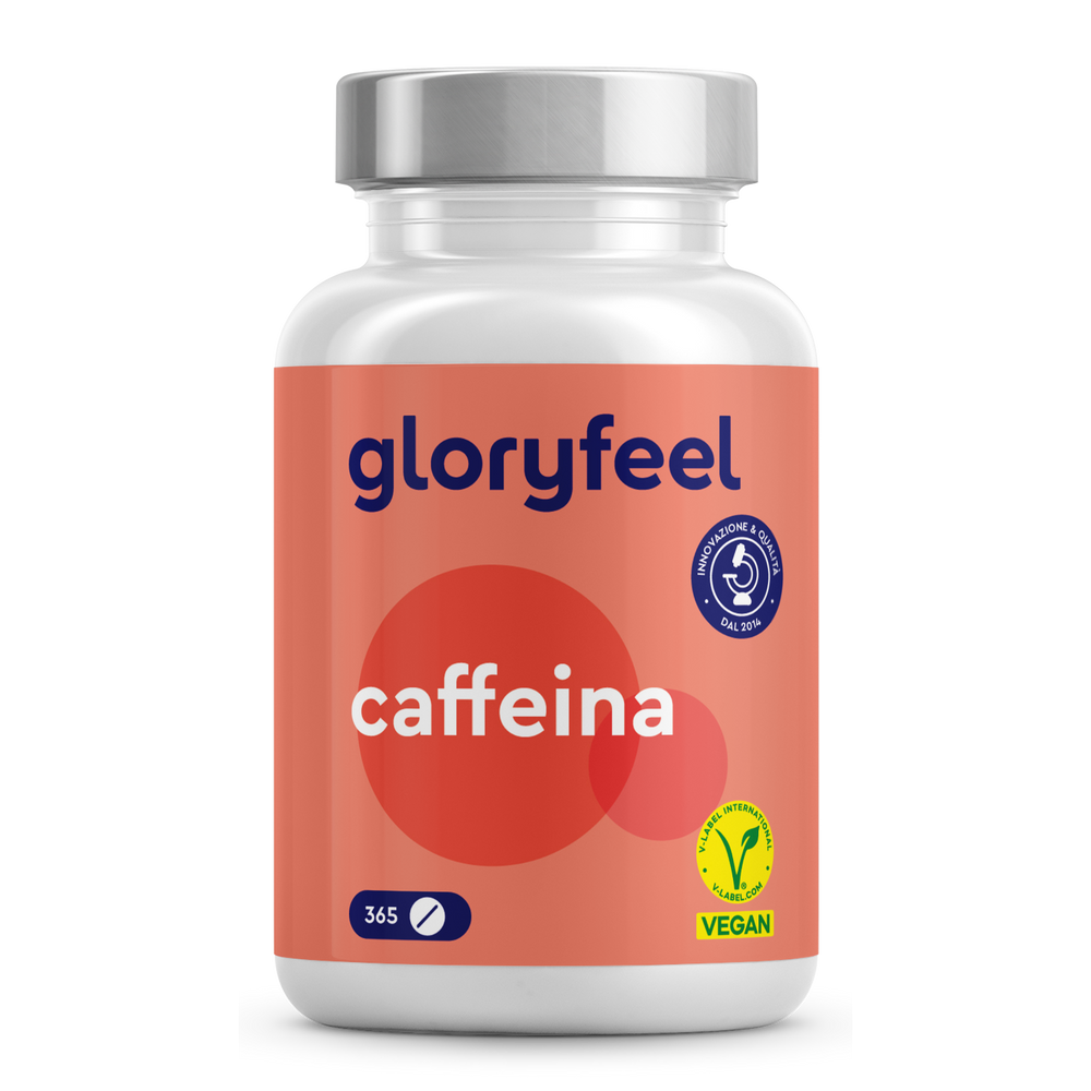 Una bottiglia di compresse di Caffeina di gloryfeel Italia, con etichetta rossa e simbolo di certificazione vegana.