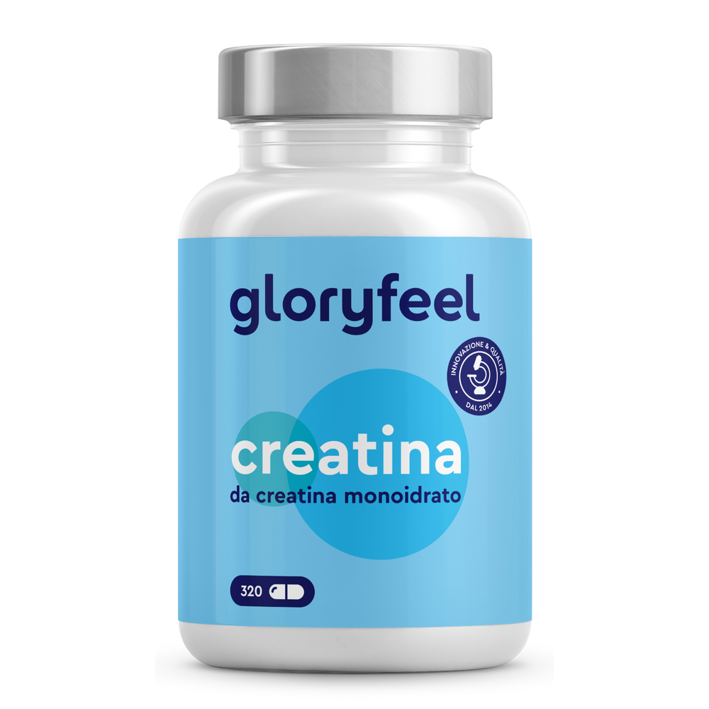 Una confezione con etichetta blu di Creatina in capsule di GloryFeel GmbH Italia contiene 320 capsule di qualità premium.