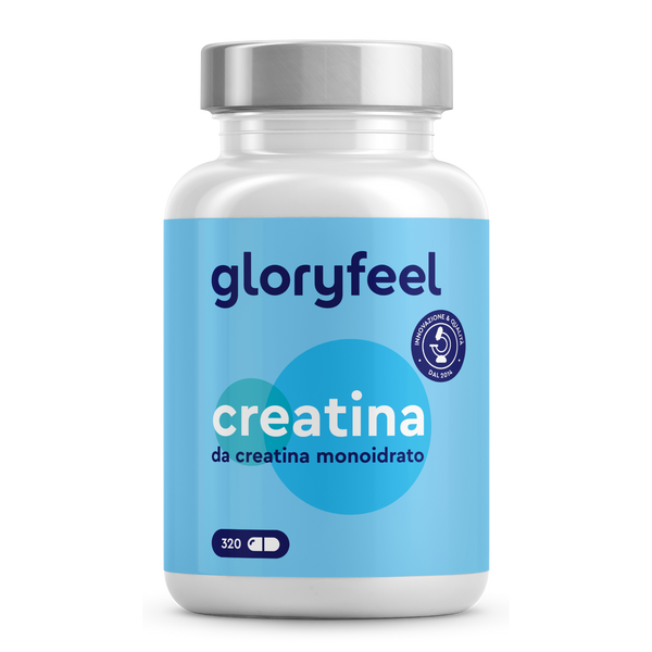 Una confezione con etichetta blu di Creatina in capsule di GloryFeel GmbH Italia contiene 320 capsule di qualità premium.
