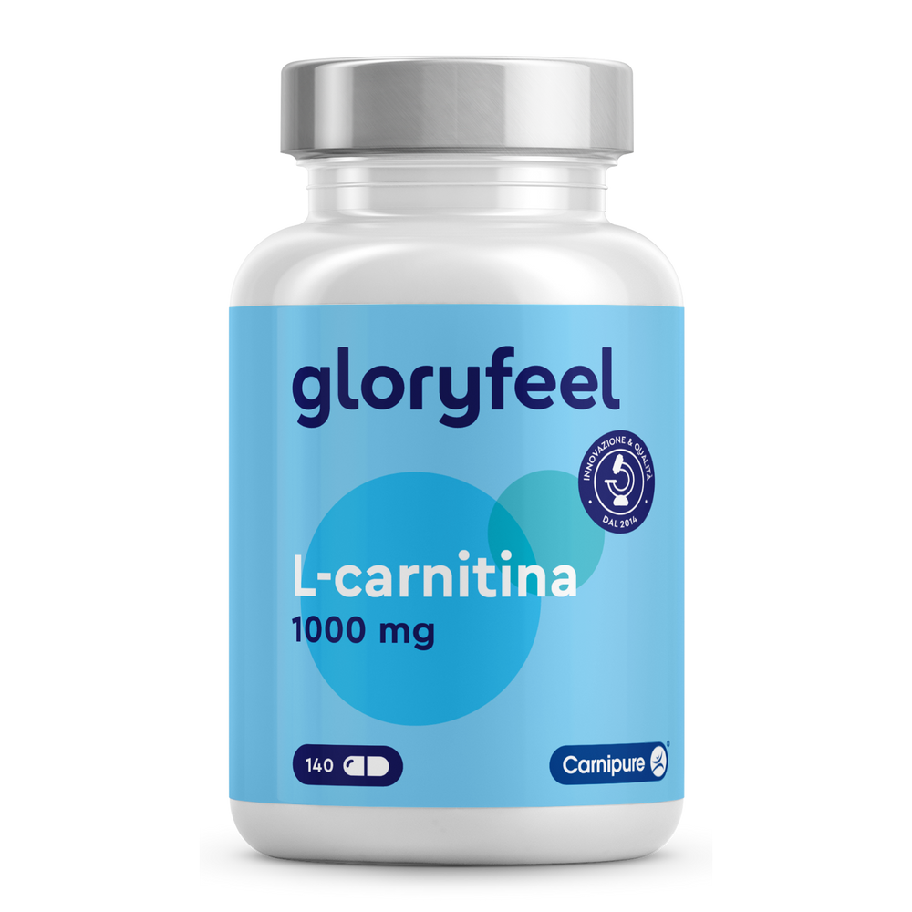 Un flacone di L-Carnitina di GloryFeel GmbH Italy con Carnipure, su sfondo blu, contiene 140 capsule e supporta il metabolismo energetico.