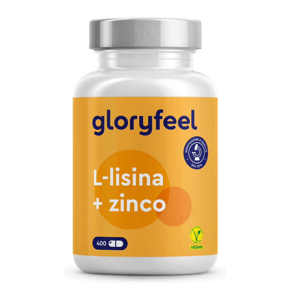 Una bottiglia bianca etichettata &quot;L-Lisina + zinco&quot; di GloryFeel GmbH Italy presenta un design giallo e arancione. Contiene 400 capsule vegane, include simboli di riciclaggio e supporta efficacemente il sistema immunitario.