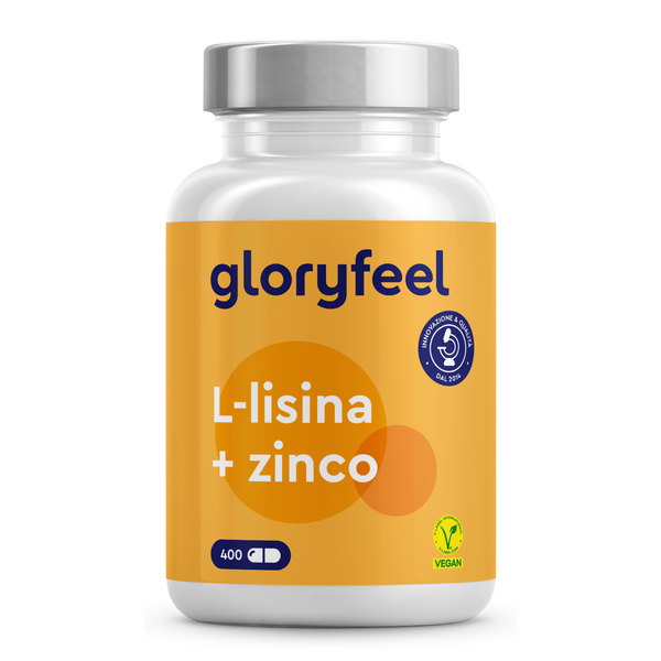Una bottiglia bianca etichettata &quot;L-Lisina + zinco&quot; di GloryFeel GmbH Italy presenta un design giallo e arancione. Contiene 400 capsule vegane, include simboli di riciclaggio e supporta efficacemente il sistema immunitario.