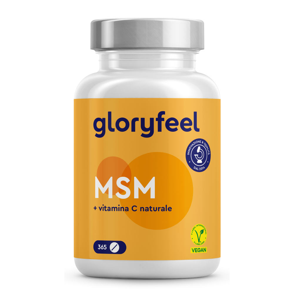 Una bottiglia di Zolfo MSM con vitamina C della GloryFeel GmbH Italia presenta un&