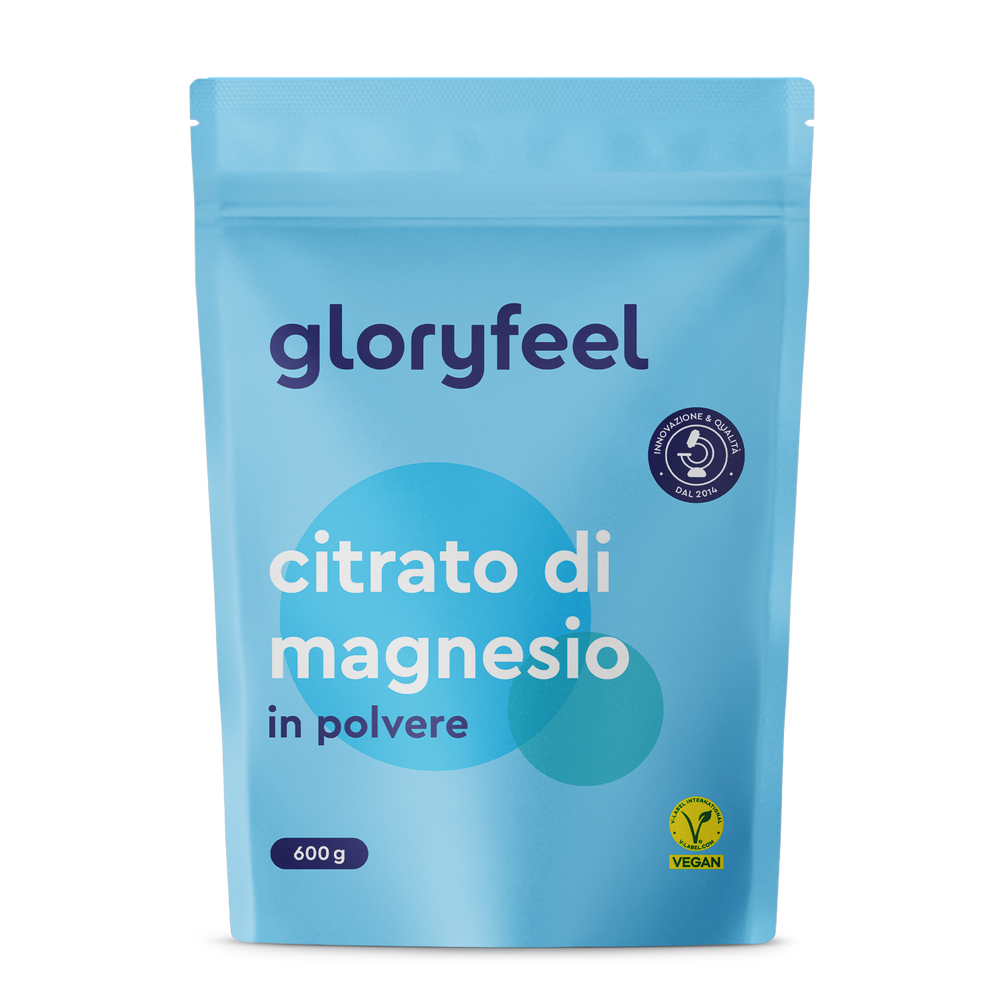 Magnesio citrato in polvere di Gloryfeel Italia, 600 g, vegano, disponibile in confezione blu.