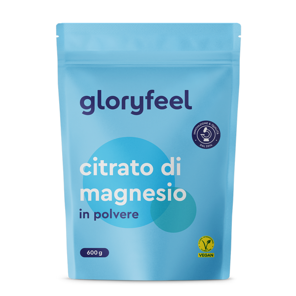 Magnesio citrato in polvere di Gloryfeel Italia, 600 g, vegano, disponibile in confezione blu.
