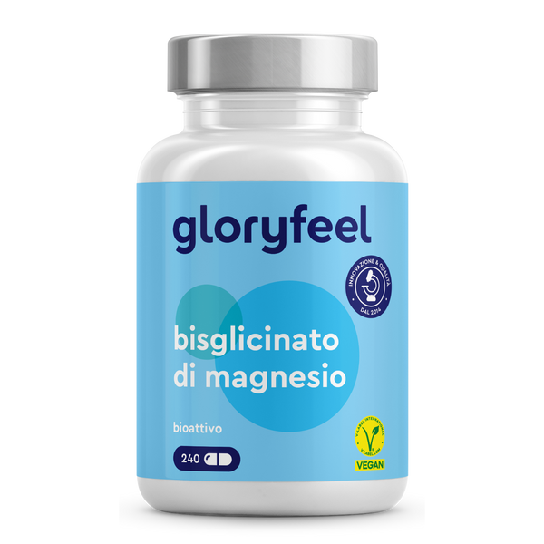 Un flacone di gloryfeel Italia Bisglicinato di magnesio con 240 capsule vegane ed etichettatura bianco-blu.