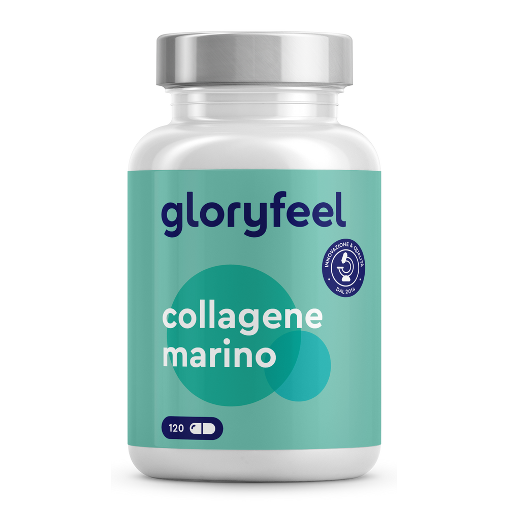 Un barattolo di Collagene Marino di GloryFeel GmbH Italia, contenente 120 capsule di integratore di collagene marino, è elegantemente esposto su uno sfondo bianco.