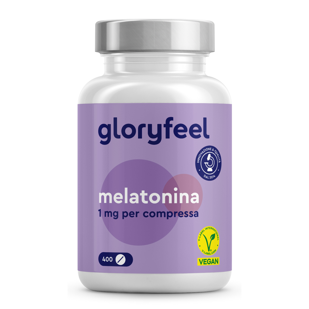 Flacone di GloryFeel GmbH Italia Melatonina in compresse, 1 mg per compressa, 400 compresse in totale. Logo vegano in basso a destra. Integratore melatonina compresse vegane per un sonno ristoratore con qualità assicurata e tranquillità.