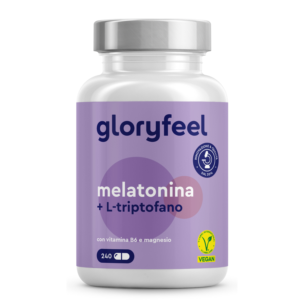 Goditi notti riposanti con Melatonina + L-triptofano di GloryFeel GmbH Italy, un integratore certificato vegano. Contiene melatonina e L-triptofano e include 240 capsule arricchite con vitamina B6 e magnesio per un rilassamento ottimale.
