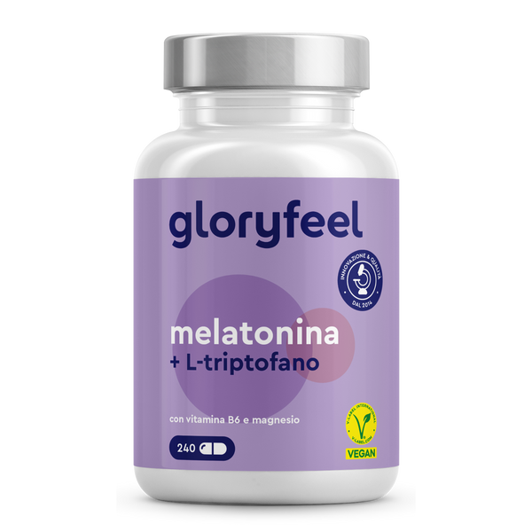 Goditi notti riposanti con Melatonina + L-triptofano di GloryFeel GmbH Italy, un integratore certificato vegano. Contiene melatonina e L-triptofano e include 240 capsule arricchite con vitamina B6 e magnesio per un rilassamento ottimale.