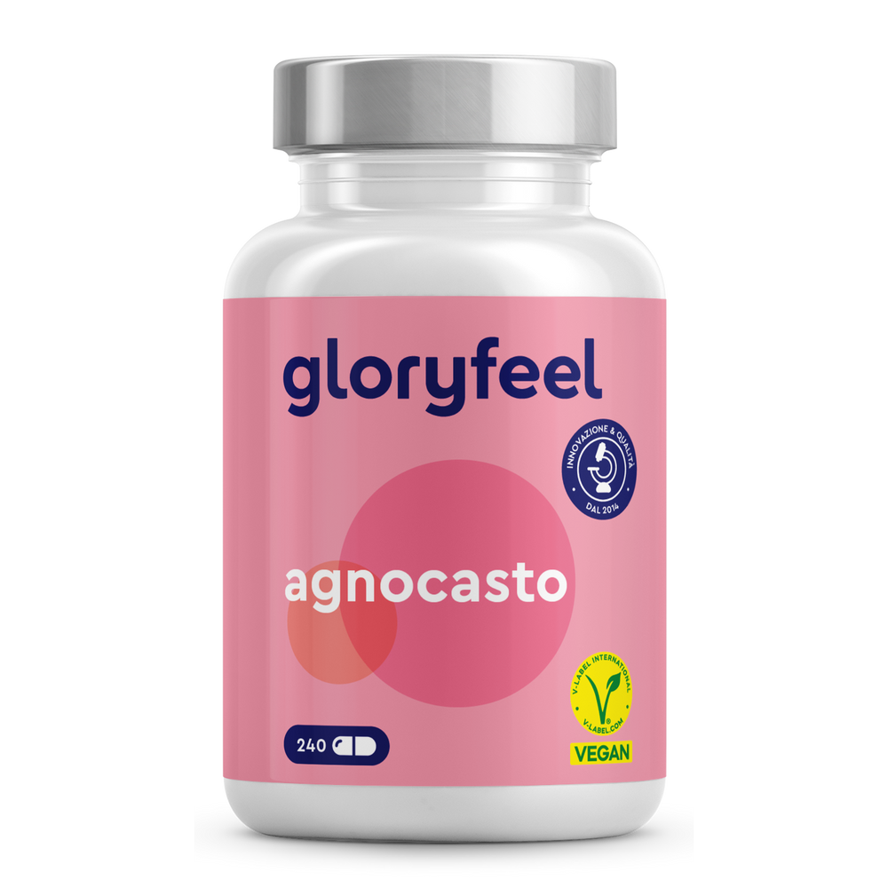 Una bottiglia di capsule Agnocasto di GloryFeel GmbH Italy presenta un&
