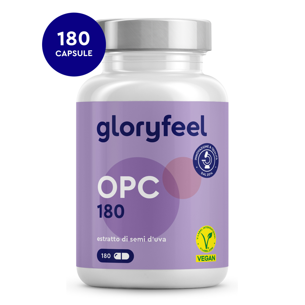 Una bottiglia di capsule OPC 180 di GloryFeel GmbH Italia, con etichetta viola e certificazione vegana, contiene estratto di semi d&