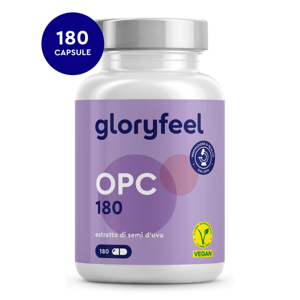 Una bottiglia di capsule OPC 180 di GloryFeel GmbH Italia, con etichetta viola e certificazione vegana, contiene estratto di semi d&