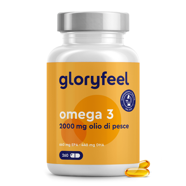Un flacone di gloryfeel Italia Omega 3 - 66/44 in capsula, 2000 mg, con 260 softgels è mostrato accanto a due capsule gialle.