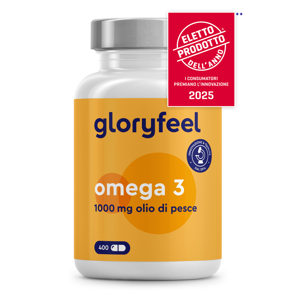 Una bottiglia di gloryfeel Italia Omega 3 - Capsule da 1000 mg (400 capsule) è esposta nell&