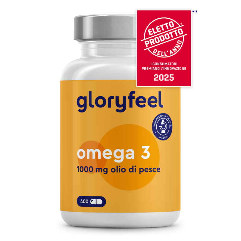 Una bottiglia di gloryfeel Italia Omega 3 - Capsule da 1000 mg (400 capsule) è esposta nell&