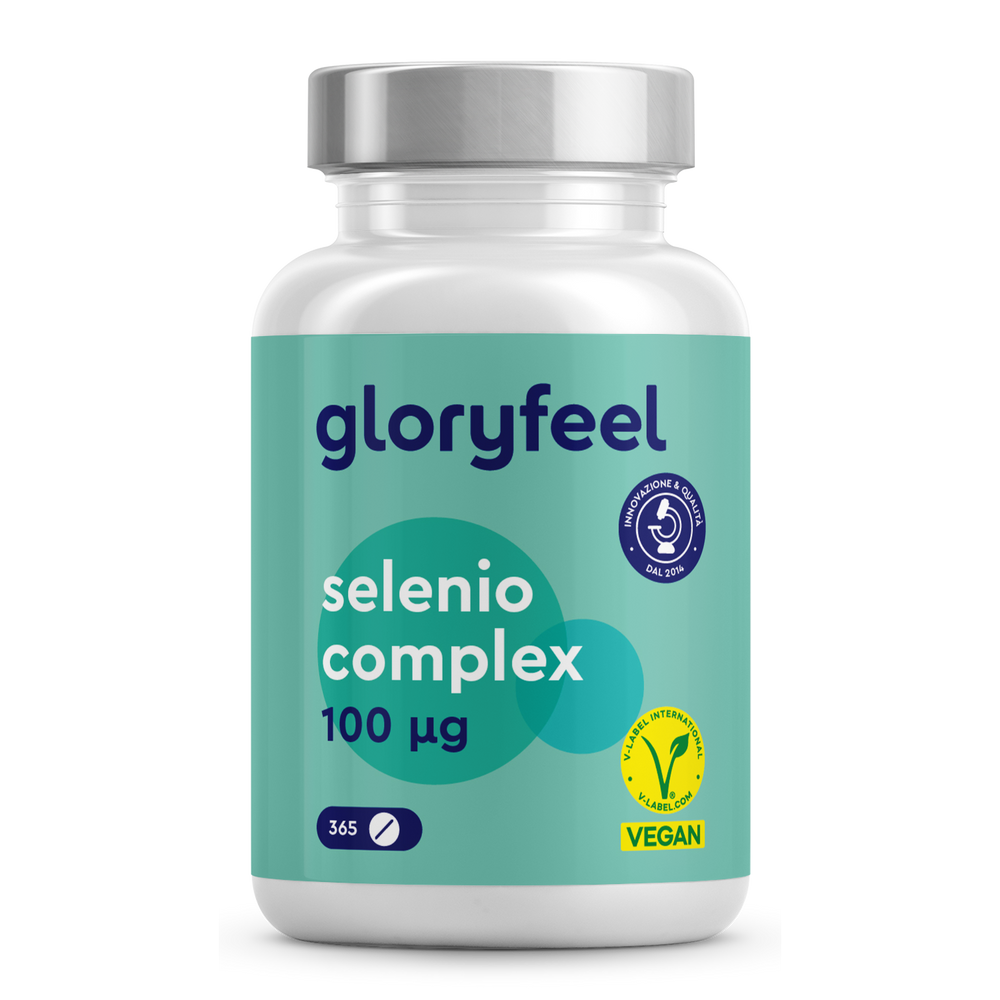 Flacone di Selenio Complex di GloryFeel GmbH Italia in compresse, contenente 365 capsule vegane con selenometionina, che offrono benefici antiossidanti per il tuo percorso di benessere.